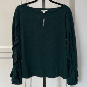 RW&CO. Dark Green Long Sleeve Top with Ruffle Detail Boat Neck Size XL NWT